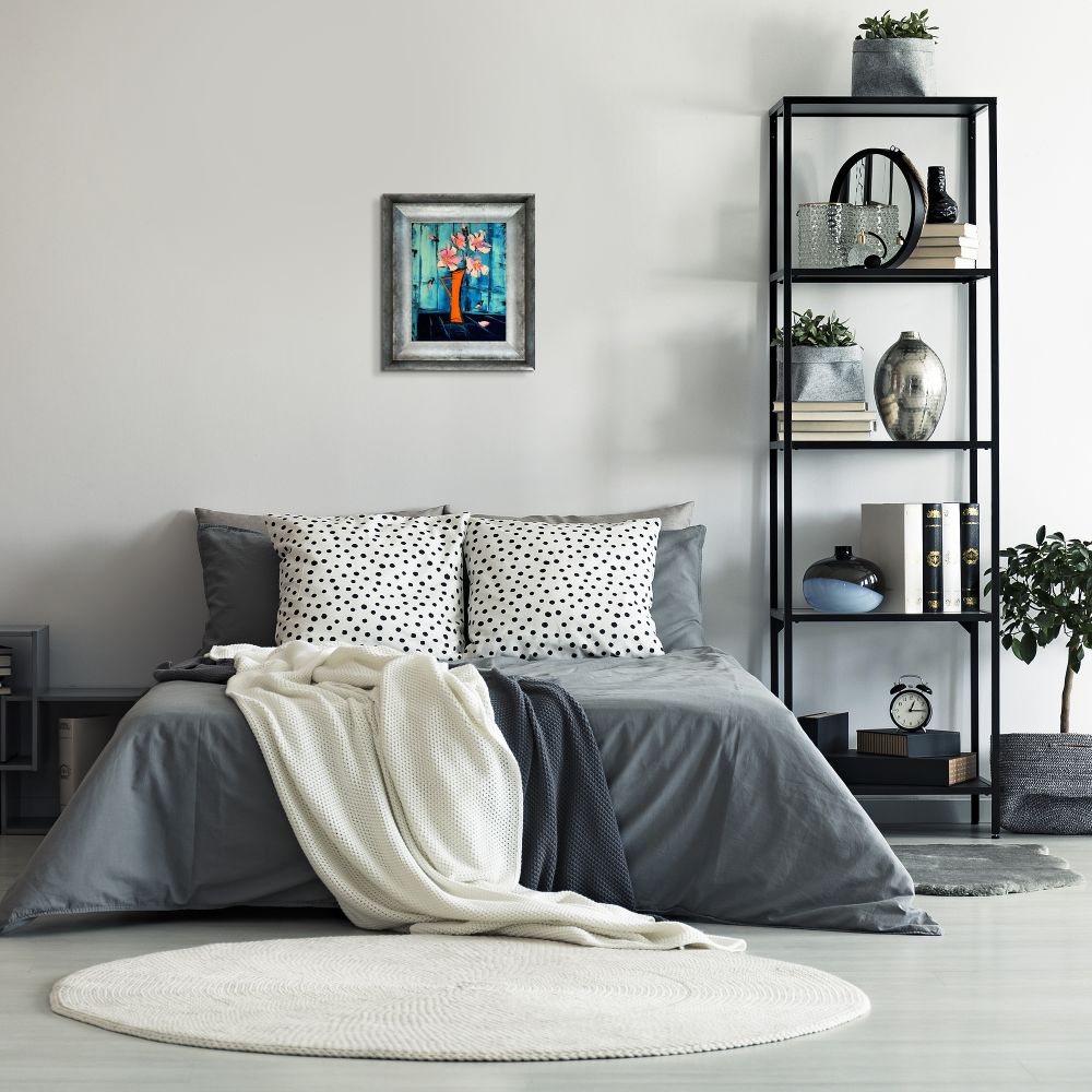 Flowers on blue background Pre-framed - Athenian Distressed Silver Frame 8"x10"