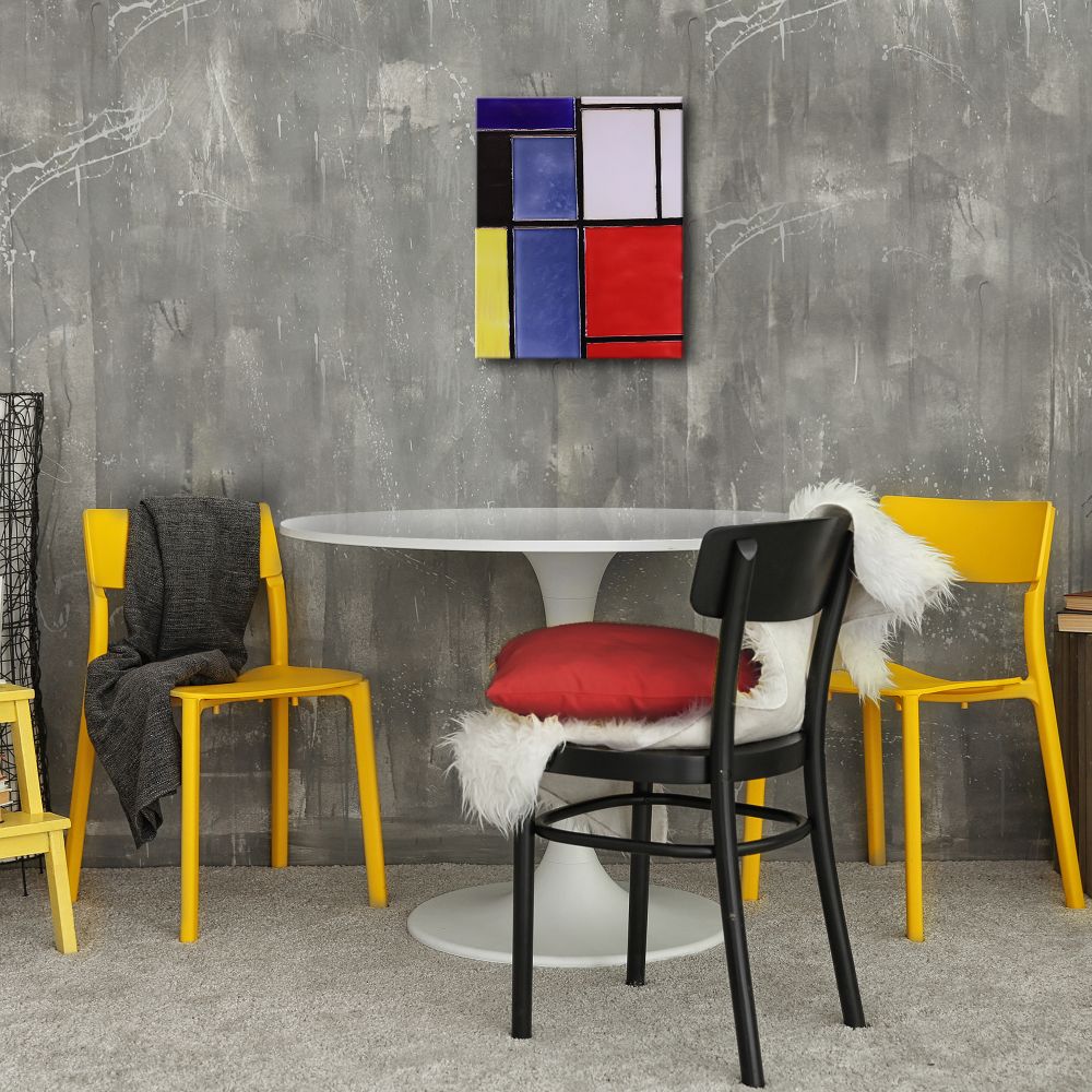 Tableau 3 with Orange-Red, Yellow, Black, Blue and Gray Trivet/Wall Accent Tile (Felt Back)