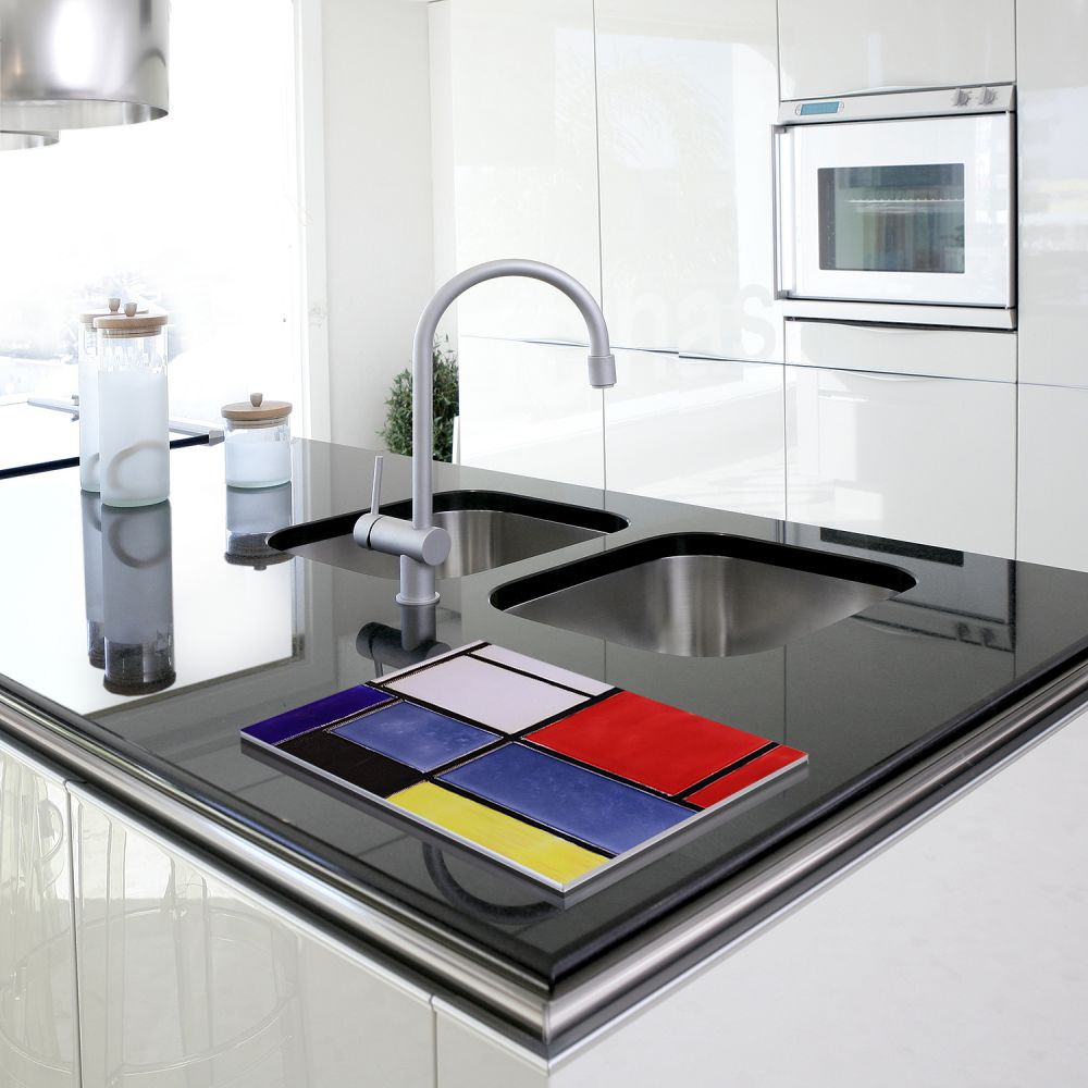 Tableau 3 with Orange-Red, Yellow, Black, Blue and Gray Trivet/Wall Accent Tile (Felt Back)