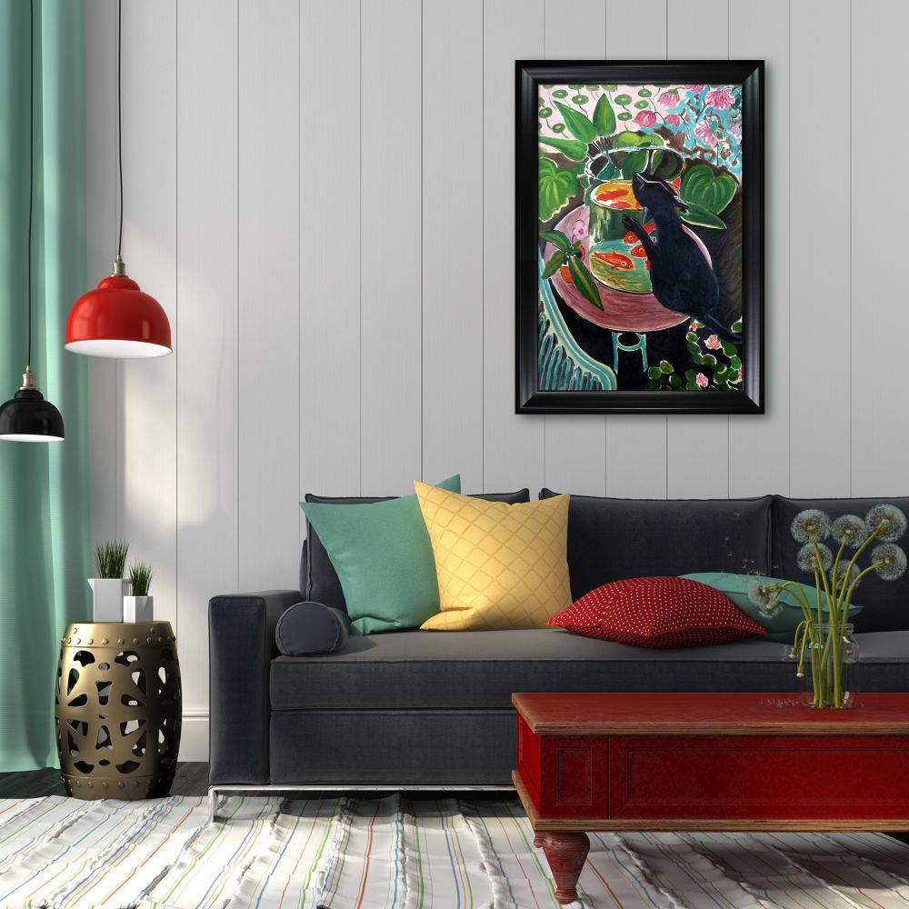 Cat with Fish Bowl Pre-framed - Studio Black Wood Frame 24"X36"