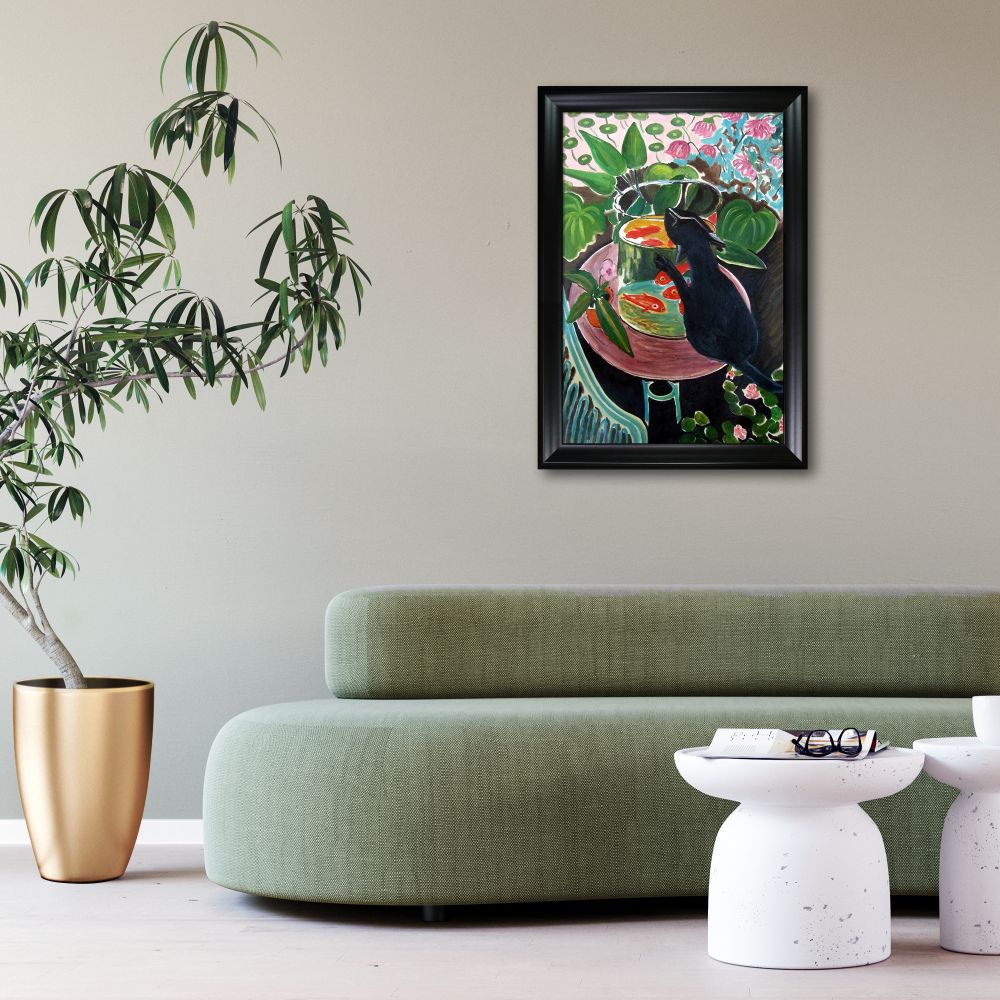 Cat with Fish Bowl Pre-framed - Black Matte Frame 24"X36"