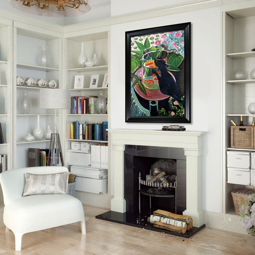 Cat with Fish Bowl Pre-framed - Black Matte Frame 24"X36"