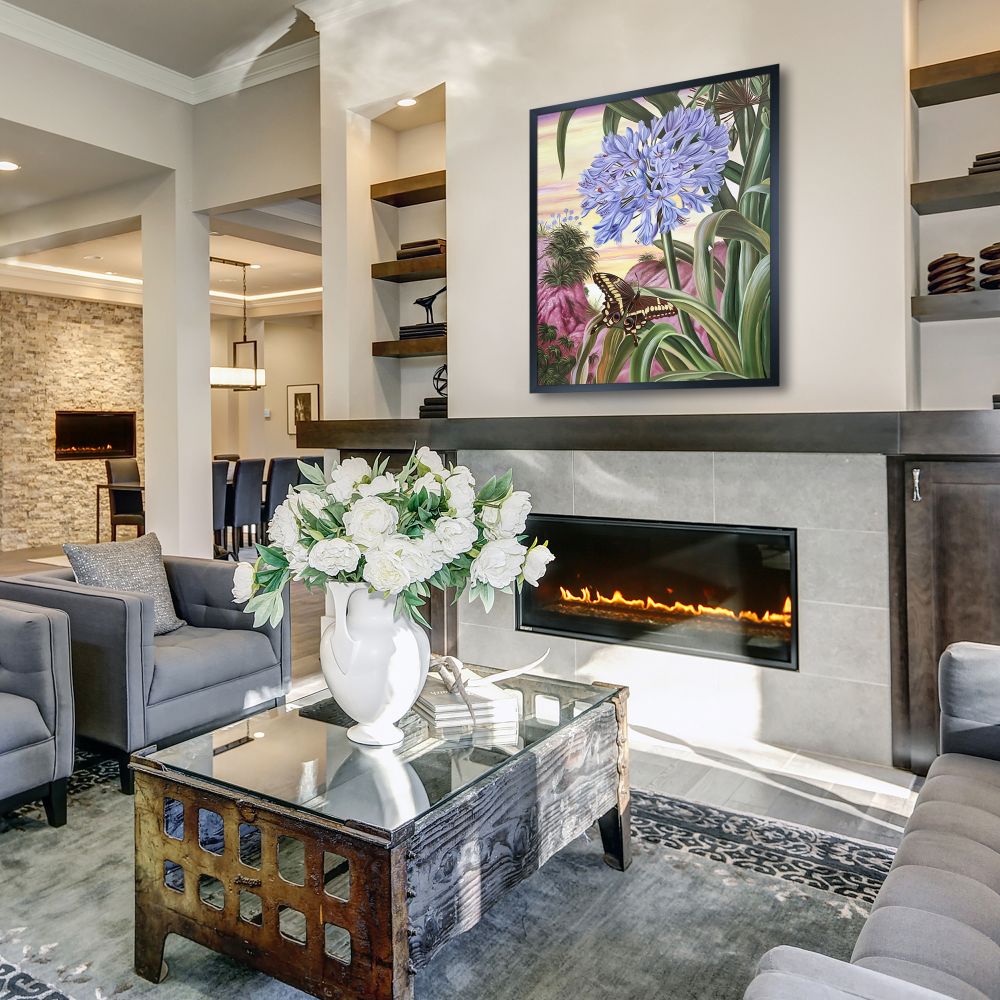 Blue Lily and Large Butterfly Pre-framed - Studio Black Wood Frame 20"X24"