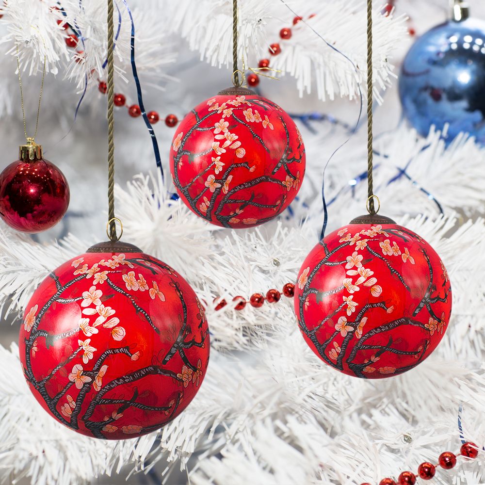 Branches of an Almond Tree in Blossom (Red) Glass Ornament Collection (Set of 3)