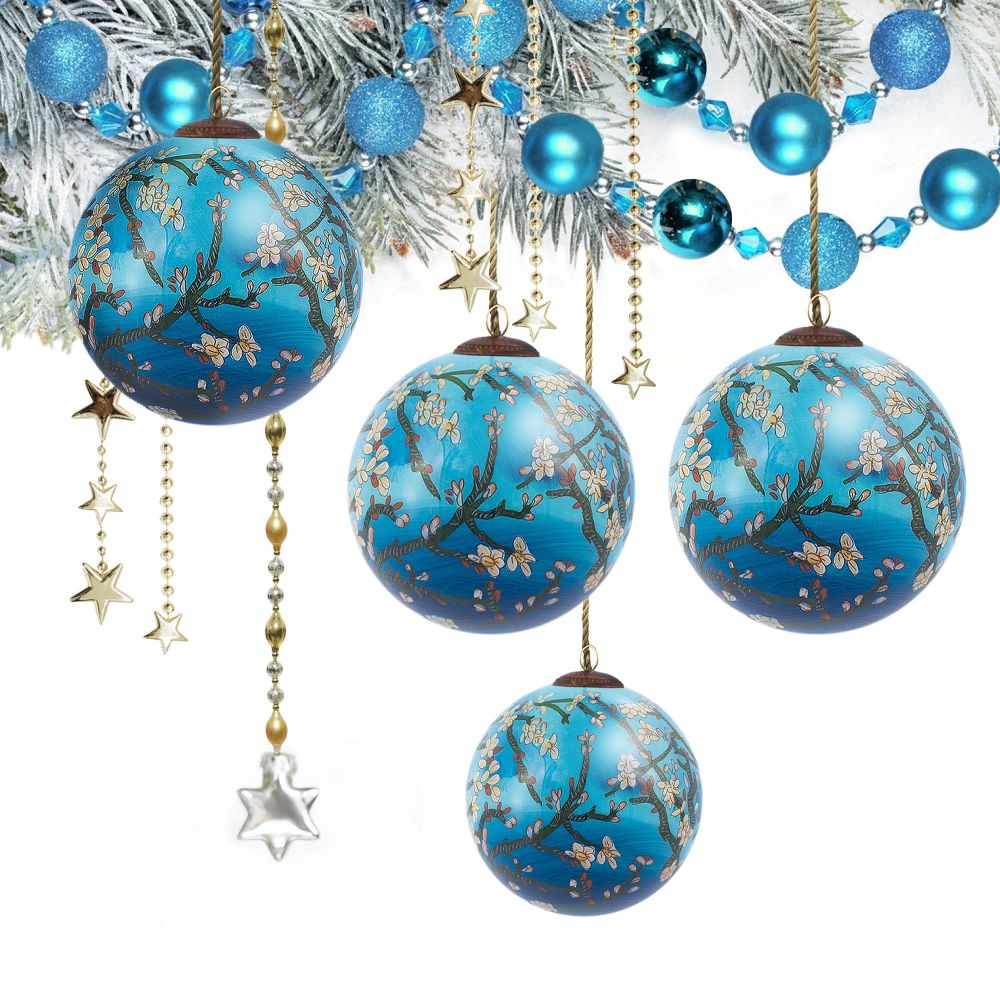 Branches of an Almond Tree in Blossom (Blue) Glass Ornament Collection (Set of 4)