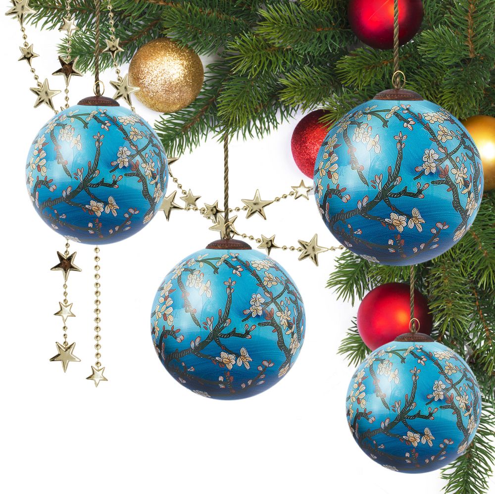 Branches of an Almond Tree in Blossom (Blue) Glass Ornament Collection (Set of 4)