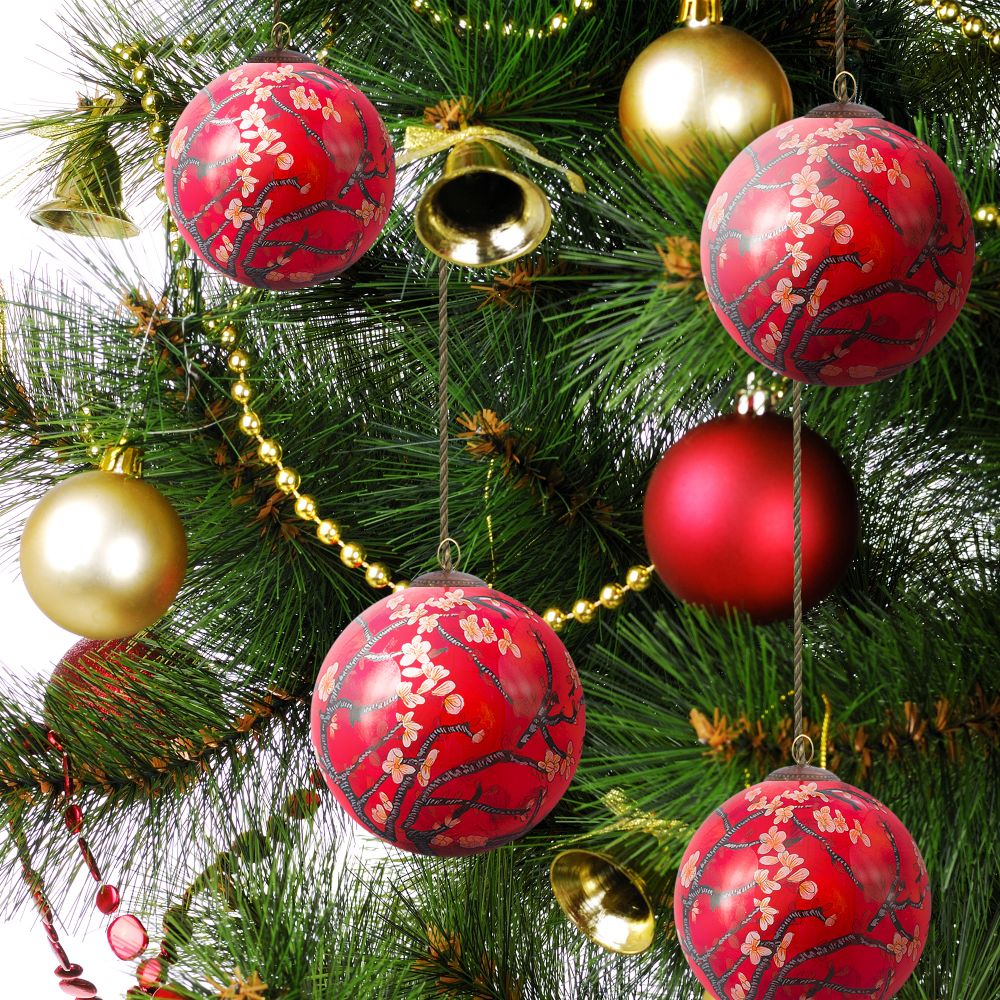 Branches of an Almond Tree in Blossom (Red) Glass Ornament Collection (Set of 4)