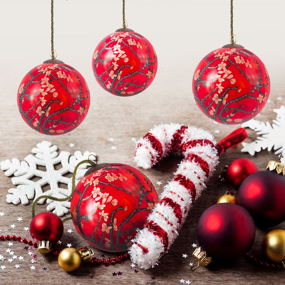 Branches of an Almond Tree in Blossom (Red) Glass Ornament Collection (Set of 4)