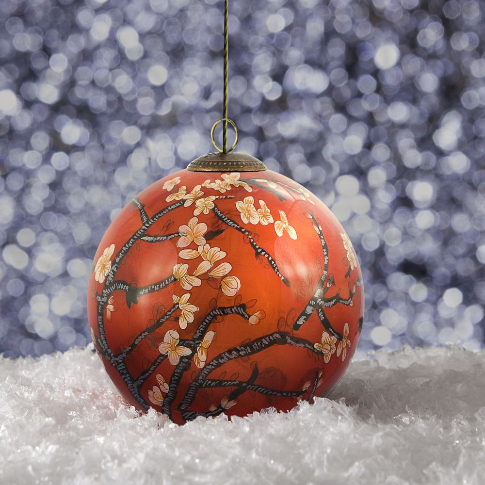 Branches of an Almond Tree in Blossom, Red Hand Painted Glass Ornament