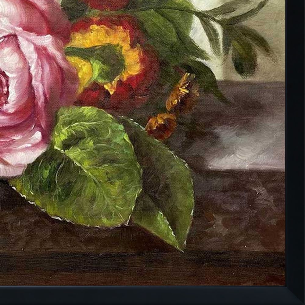 Spray of Flowers, with a Beetle on a Stone Balustrade Pre-framed - Studio Black Wood Frame 20"X24"