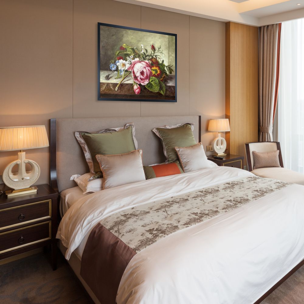 Spray of Flowers, with a Beetle on a Stone Balustrade Pre-framed - Studio Black Wood Frame 20"X24"