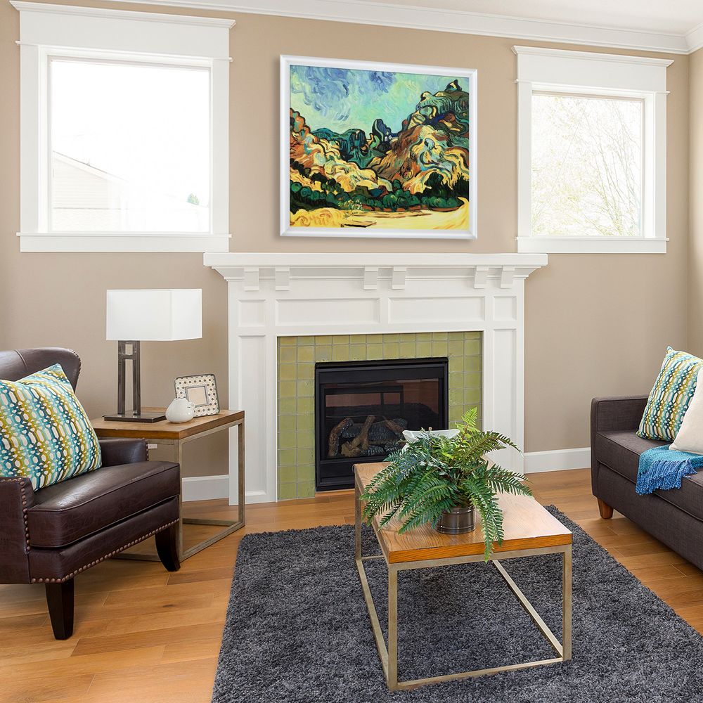 Mountains at St. Remy with Dark Cottage Pre-framed - Moderne Blanc Frame 20" X 24"