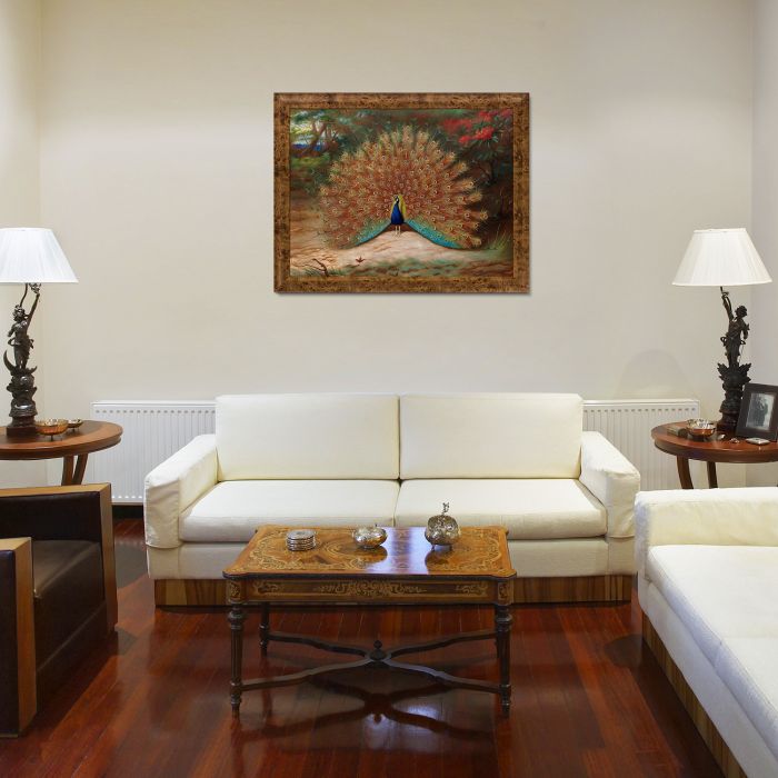 Peacock and Peacock Butterfly, 1917 Pre-Framed - Havana Burl Frame 30" X 40"