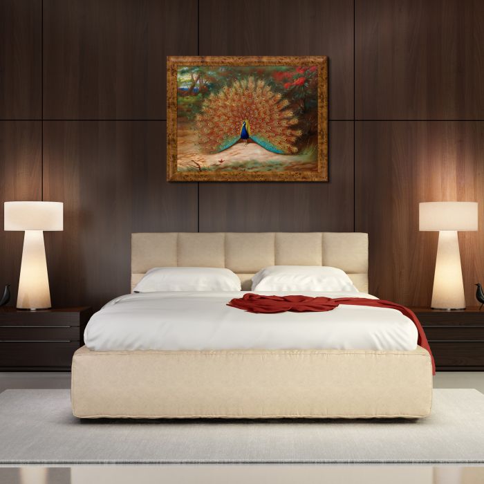 Peacock and Peacock Butterfly, 1917 Pre-Framed - Havana Burl Frame 30" X 40"