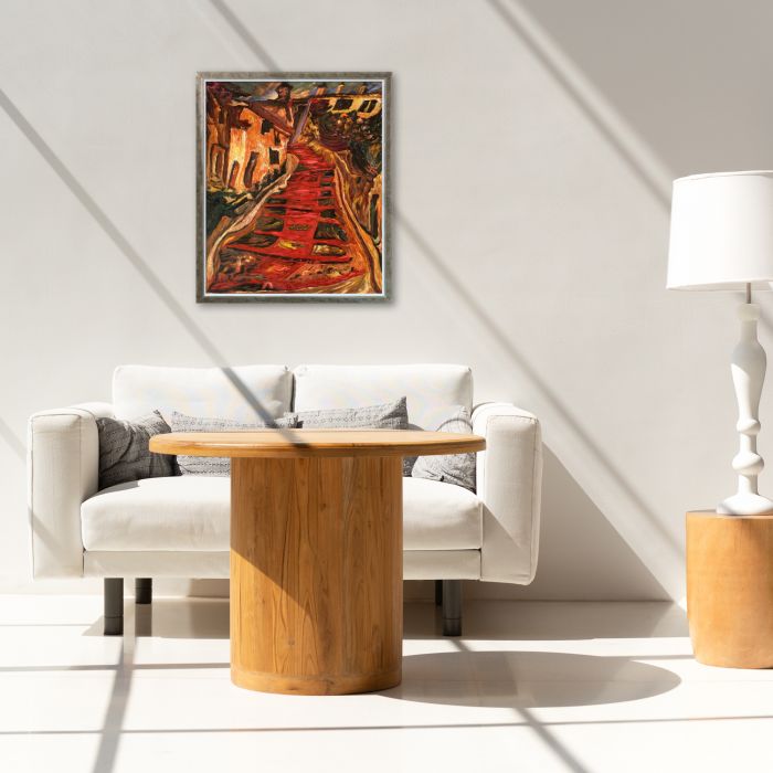 The Red Staircase in Cagnes Pre-framed - Champagne Silhouette Frame 20" X 24"