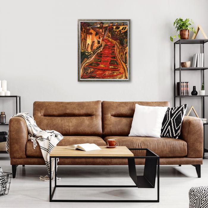 The Red Staircase in Cagnes Pre-framed - Champagne Silhouette Frame 20" X 24"