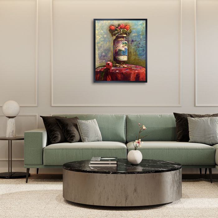 Anemones in a Chinese Vase Pre-framed - Studio Black Wood Frame 20"X24"