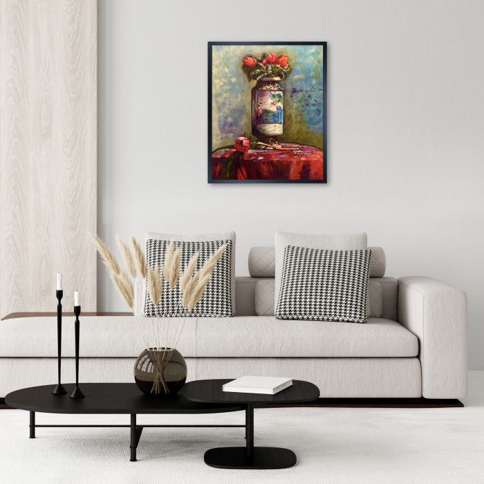 Anemones in a Chinese Vase Pre-framed - Studio Black Wood Frame 20"X24"