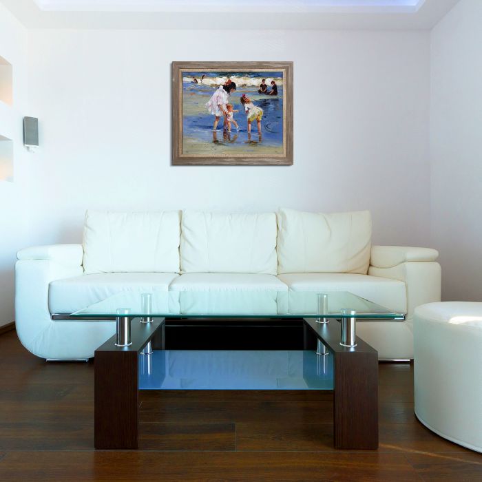 Children Playing at the Seashore Pre-Framed - Miramar Distressed Charcoal Grey Frame 20" X 24"