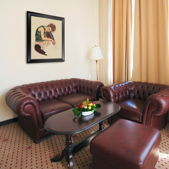 Seated Woman with Legs Drawn Up Pre-framed - Black Matte Frame 20"X24"