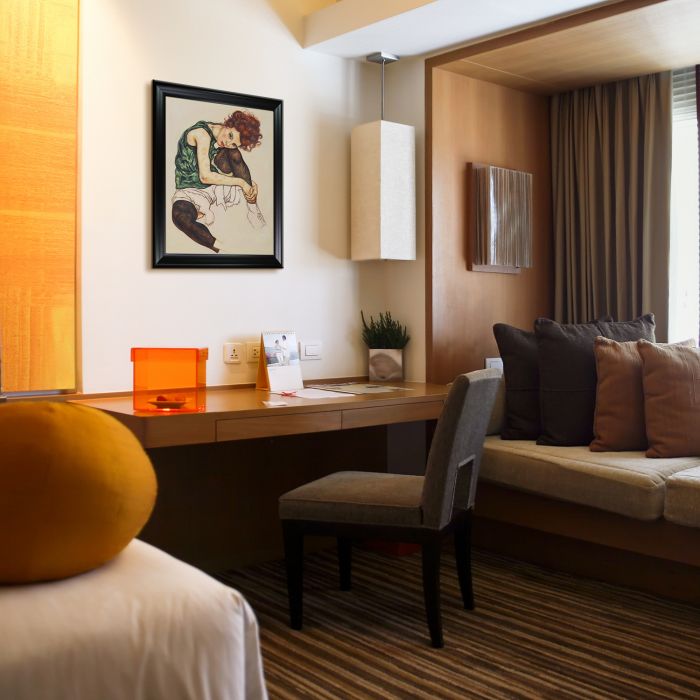 Seated Woman with Legs Drawn Up Pre-framed - Black Matte Frame 20"X24"