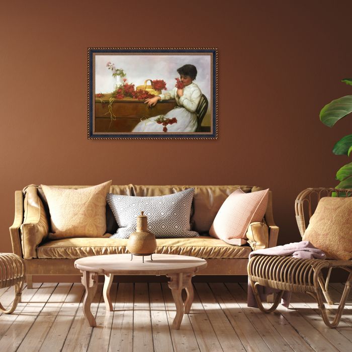 Girl Arranging Flowers Pre-Framed - Verona Black and Gold Braid 24"X36"