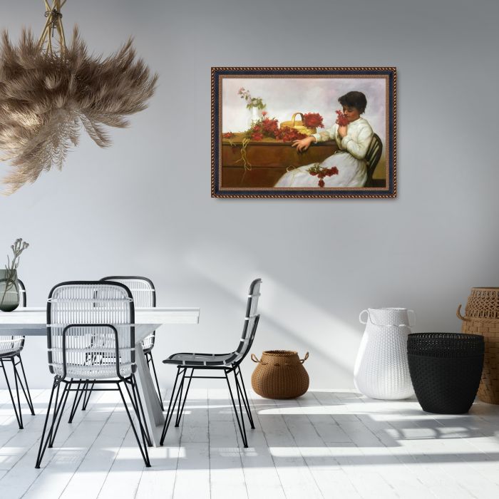 Girl Arranging Flowers Pre-Framed - Verona Black and Gold Braid 24"X36"