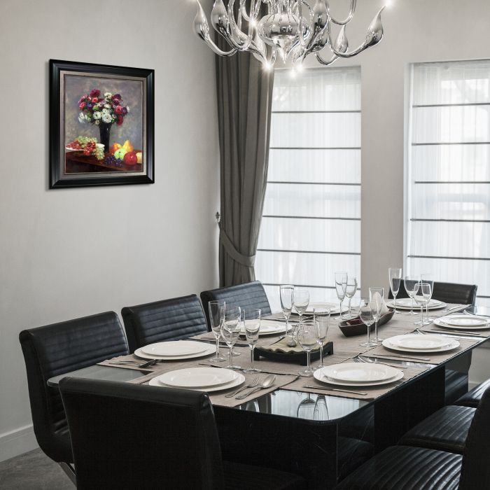 Asters and Fruit on a Table Pre-Framed - Black Matte and Burnished Silver Custom Stacked Frame 20" X 24"