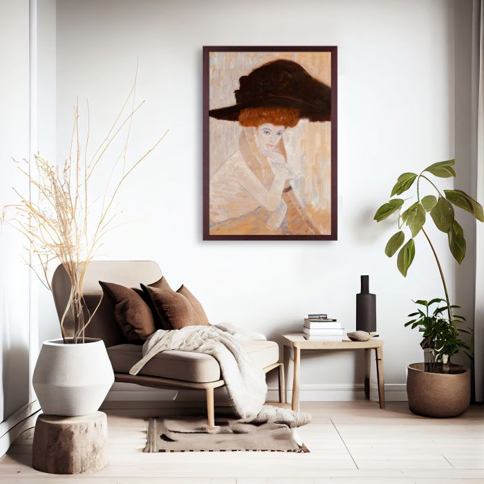 Black Feather Hat Pre-framed - Open Grain Mahogany 24" X 36"