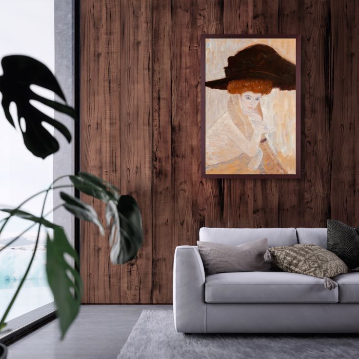 Black Feather Hat Pre-framed - Open Grain Mahogany 24" X 36"