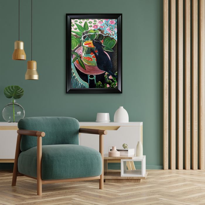 Cat with Fish Bowl Pre-framed - Studio Black Wood Frame 24"X36"