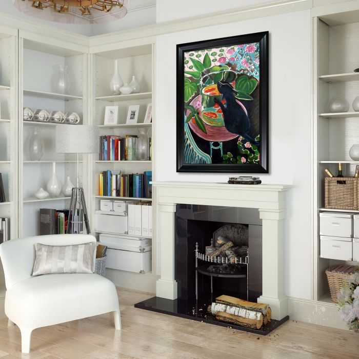 Cat with Fish Bowl Pre-framed - Black Matte Frame 24"X36"