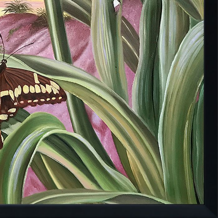 Blue Lily and Large Butterfly Pre-framed - Studio Black Wood Frame 20"X24"