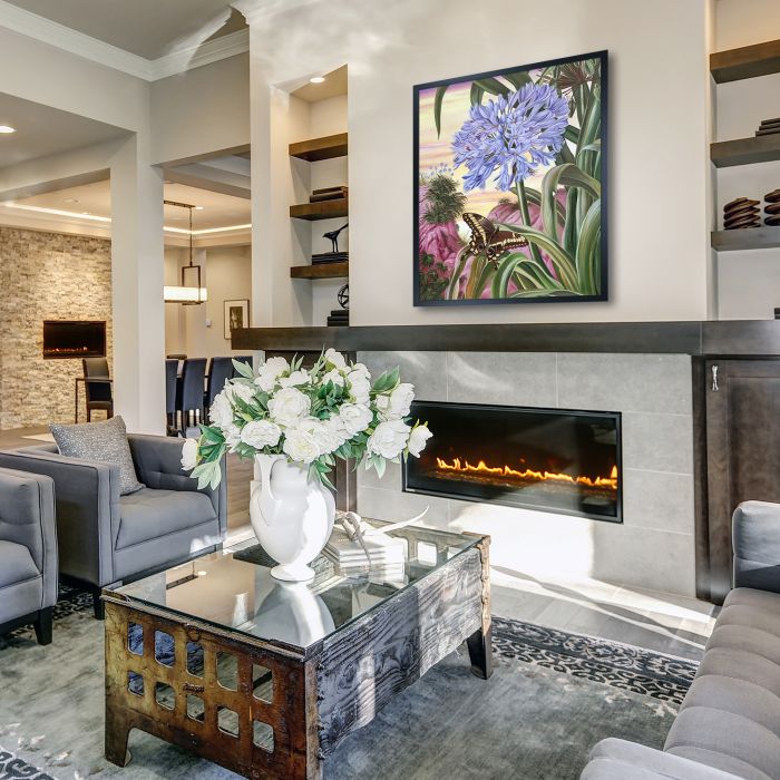 Blue Lily and Large Butterfly Pre-framed - Studio Black Wood Frame 20"X24"