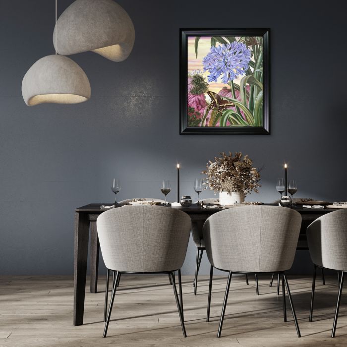 Blue Lily and Large Butterfly Pre-framed - Black Matte Frame 20"X24"