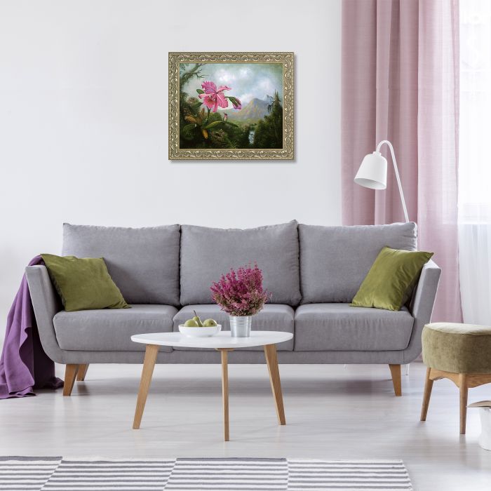 Orchid and Hummingbird Near a Mountain Waterfall, 1902 Pre-Framed - Rococo Silver 20"X24"