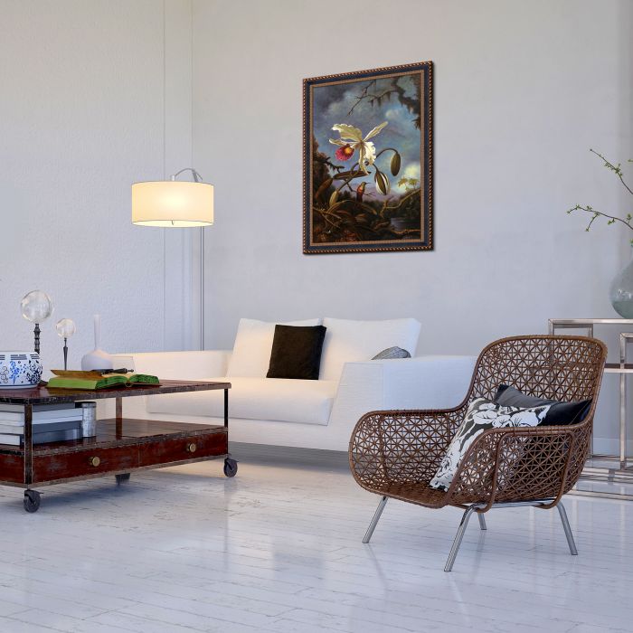 White Brazilian Orchid, 1875-1890 Pre-Framed - Verona Black and Gold Braid 24"X36"