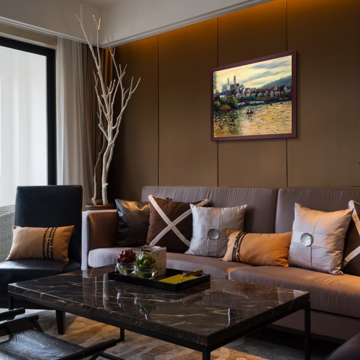 The Seine at Vetheuil Pre-Framed - Open Grain Mahogany 20" X 24"