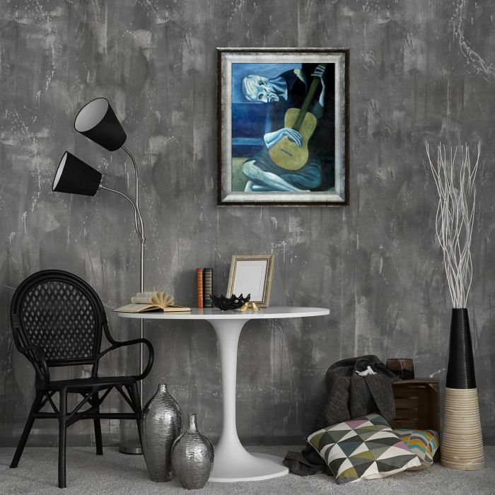 The Old Guitarist 1903 - Athenian Distressed Silver Frame 16" X 20"