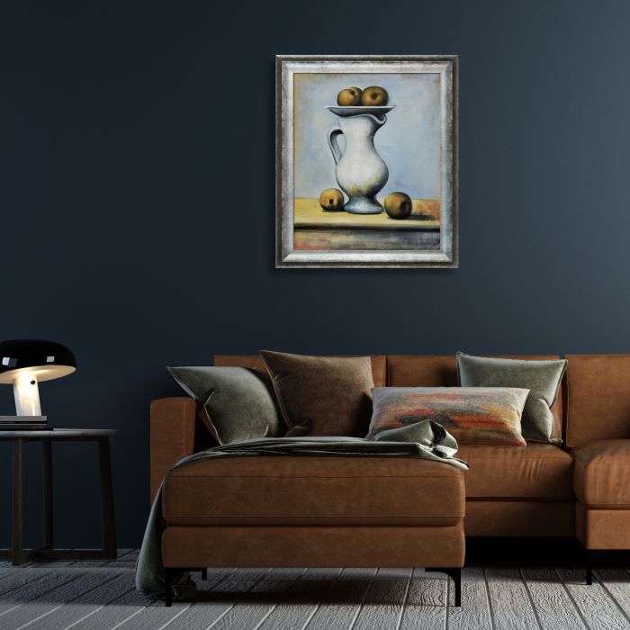 Still Life With Pitcher and Apples - Athenian Distressed Silver Frame 20"X24"