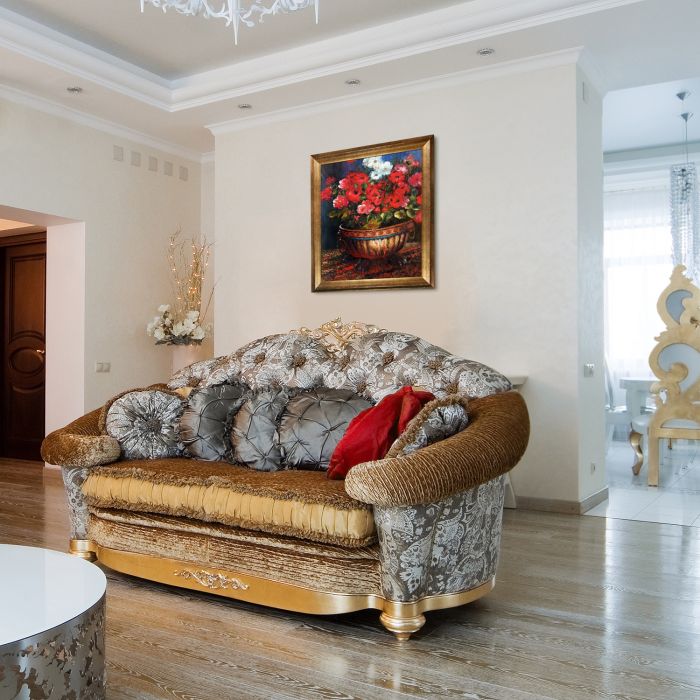 Geraniums in a Copper Basin Pre-framed - Athenian Gold Frame 20"X24"