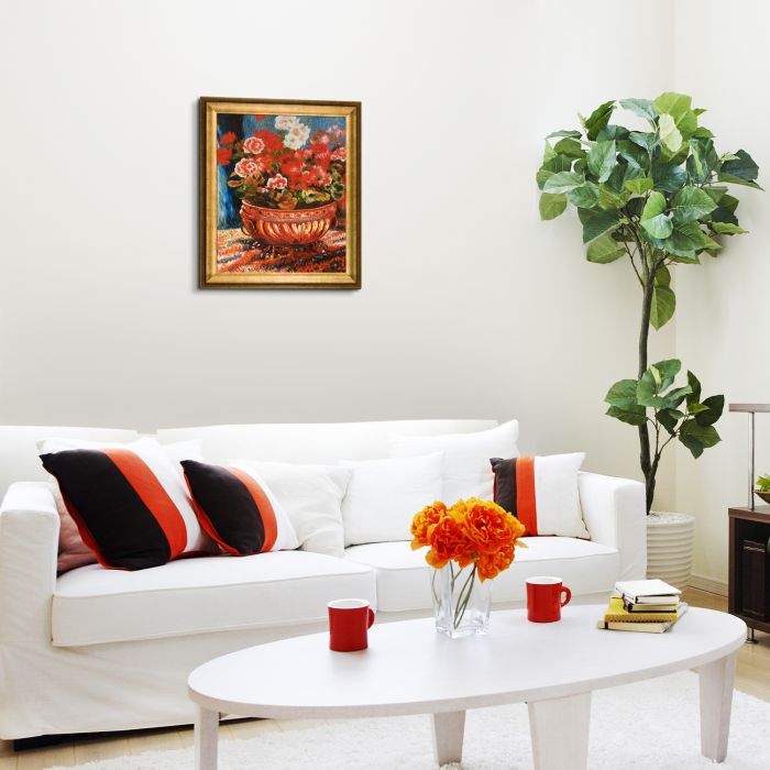 Geraniums in a Copper Basin Pre-framed - Athenian Gold Frame 20"X24"