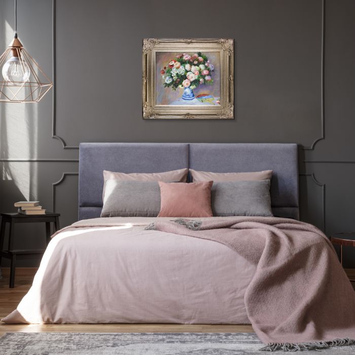 Chrysanthenums and Japanese Fan Pre-Framed - Renaissance Champagne Frame 20"X24"