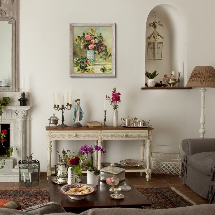 Roses and Jasmine in a Delft Vase Pre-Framed - Silver Luna Frame 20"X24"