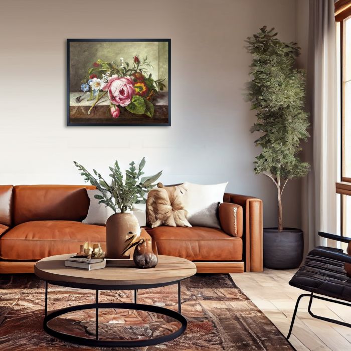 Spray of Flowers, with a Beetle on a Stone Balustrade Pre-framed - Studio Black Wood Frame 20"X24"