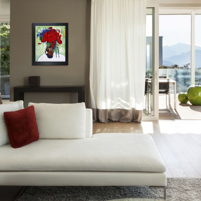 Vase with Daisies and Poppies Oil Painting Pre-Framed - New Age Black Frame 20"X24"