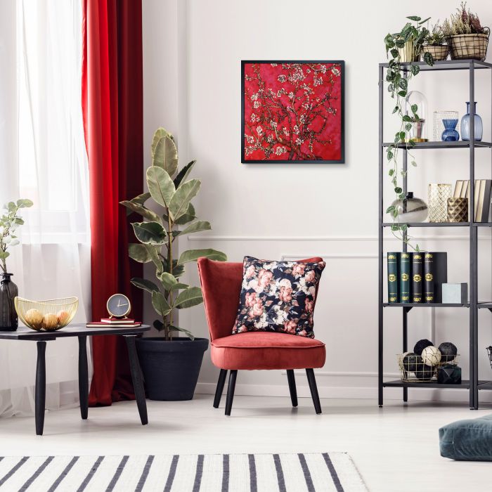 Branches of an Almond Tree in Blossom, Ruby Red Pre-Framed - Studio Black Wood Frame 24"X24"