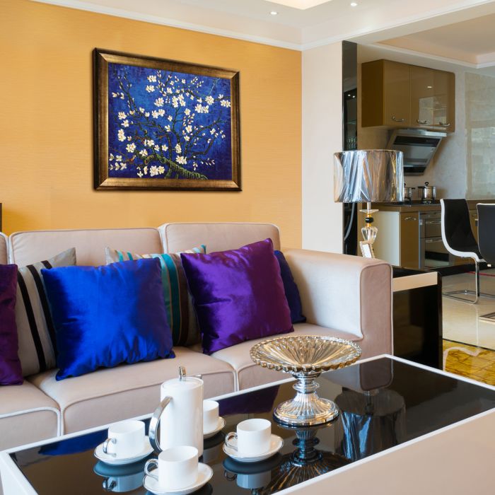 Branches of an Almond Tree in Blossom, Sapphire Blue Pre-Framed - Athenian Gold Frame 20"X24"