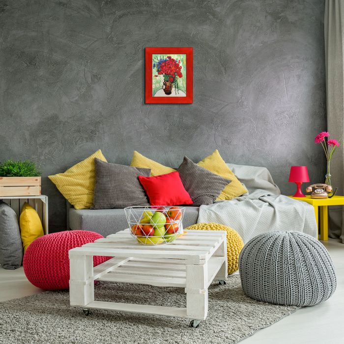 Vase with Daisies and Poppies Pre-Framed - Stiletto Red Frame 8" X 10"