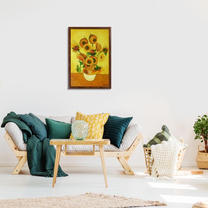 Vase with Fifteen Sunflowers Pre-Framed - Panzano Olivewood Frame 24" X 36"